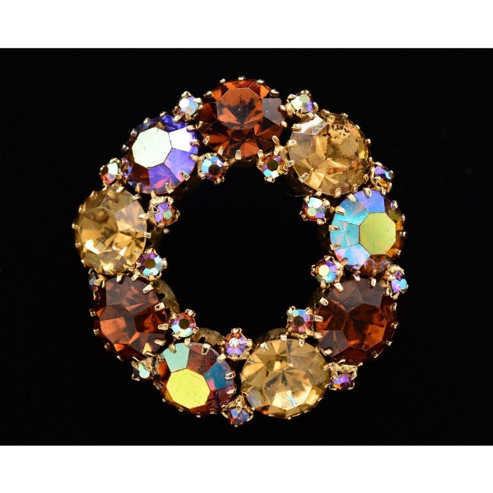 Weiss Vintage Crystal Pin Brooch AB Brown Rhinestone Gold Sparkling SIgned Bin5A